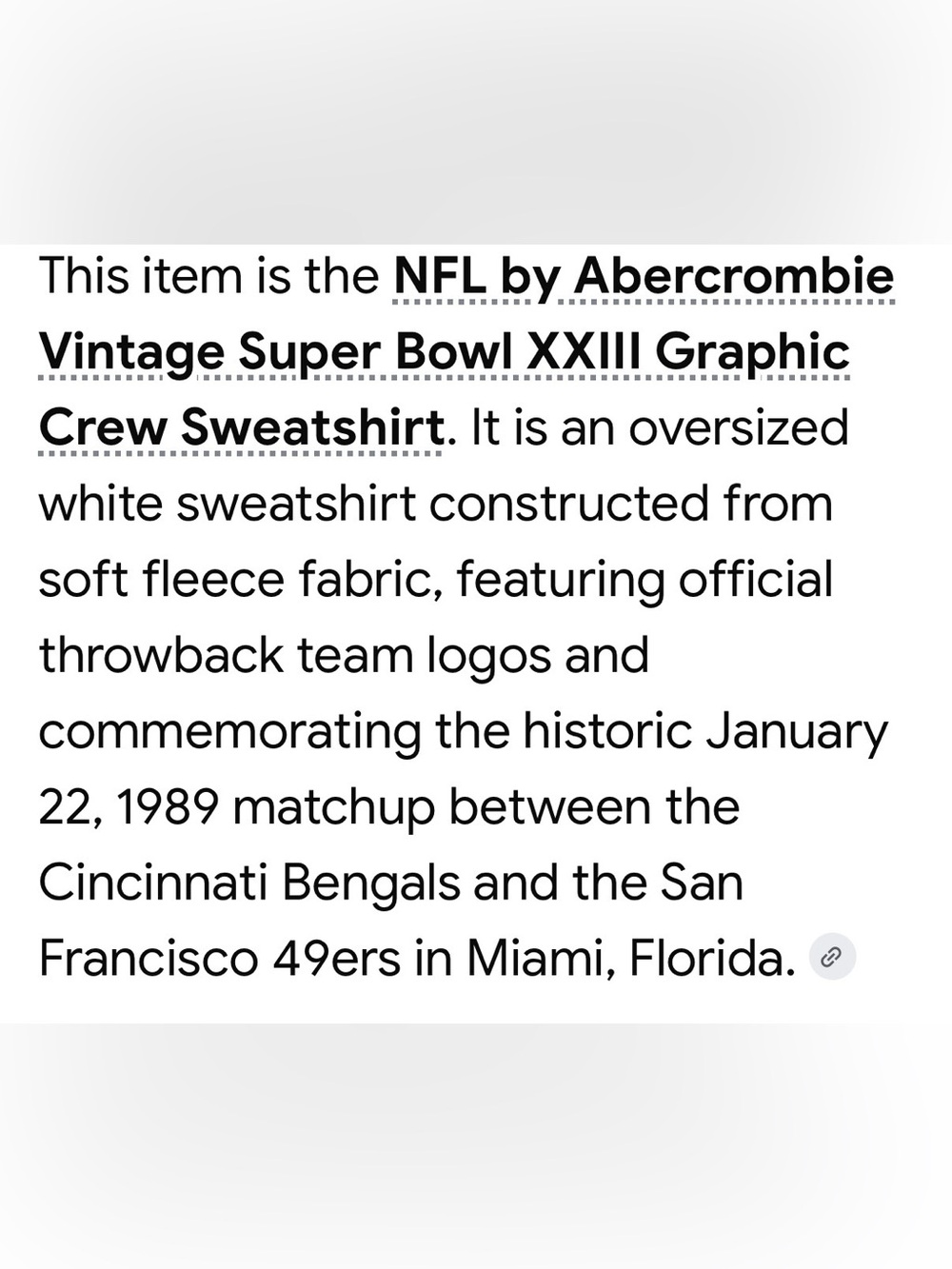 ABERCROMBIE & FITCH SUPER BOWL VINTAGE 1/22/89 SWEATSHIRT LARGE - Picture 5 of 6
